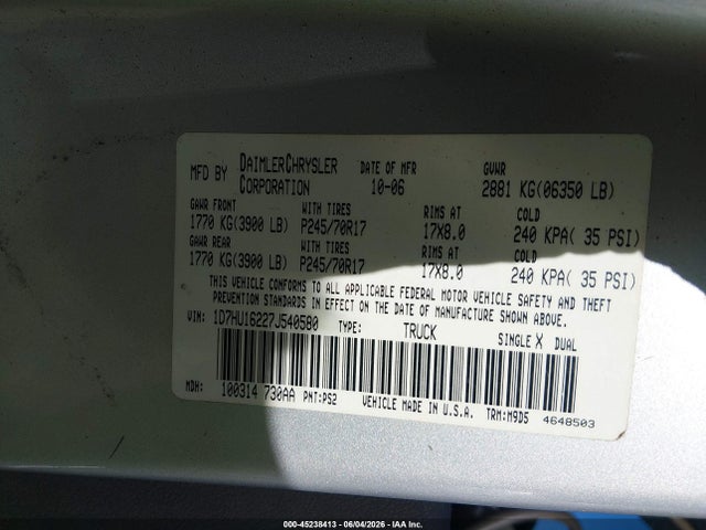 Aukcja sprzedaży 2007 Dodge Ram 1500 Slt/trx4 Off Road/sport, vin: 1D7HU16227J540580, numer aukcji: 45238413