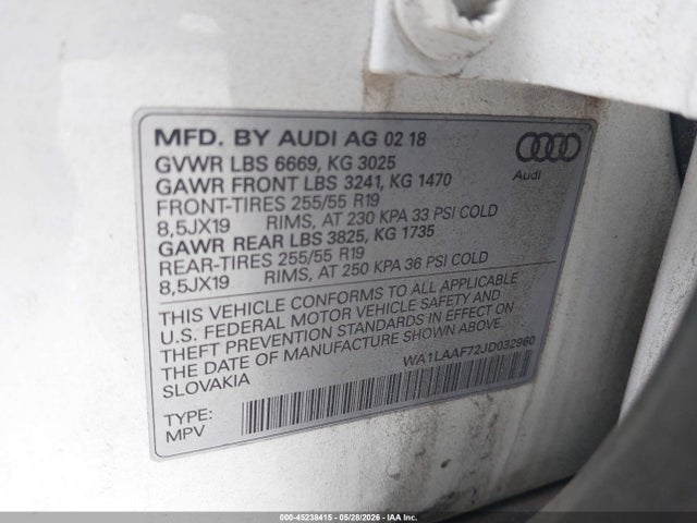 Продажа на аукционе авто 2018 Audi Q7 3.0t Premium, vin: WA1LAAF72JD032960, номер лота: 45238415