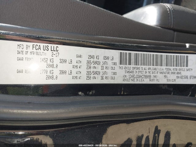 45238425 :رقم المزاد ، 1C4RDJDG0HC799099 vin ، 2017 Dodge Durango Gt Awd مزاد بيع
