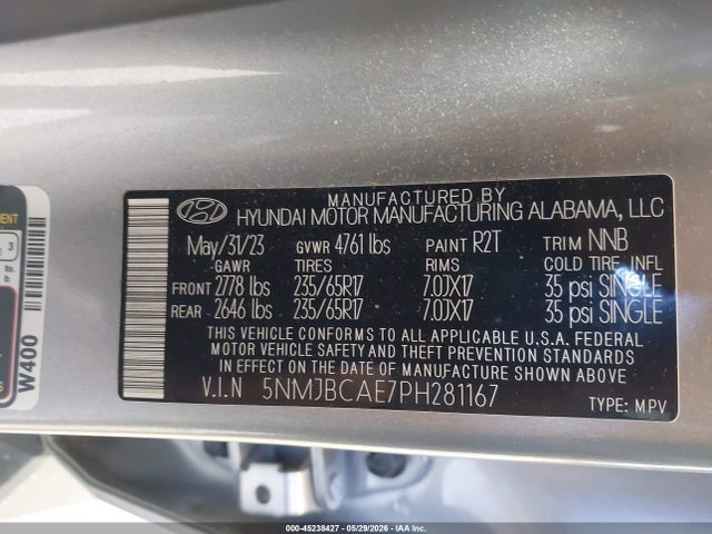 45238427 :رقم المزاد ، 5NMJBCAE7PH281167 vin ، 2023 Hyundai Tucson Sel مزاد بيع