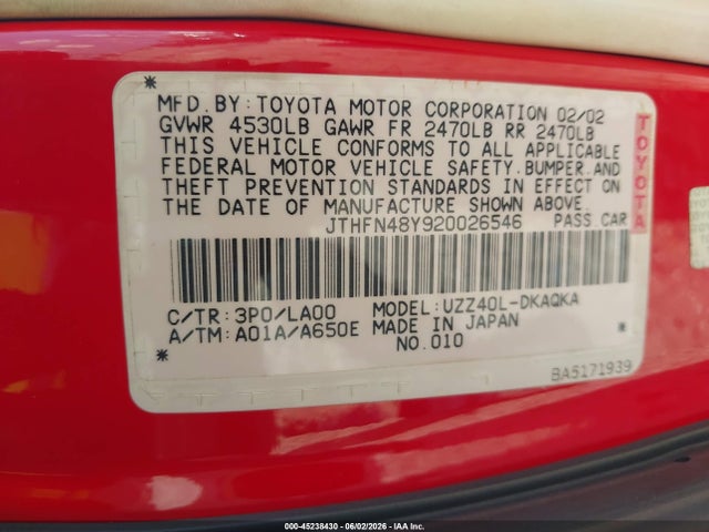Продажа на аукционе авто 2002 Lexus Sc 430, vin: JTHFN48Y920026546, номер лота: 45238430