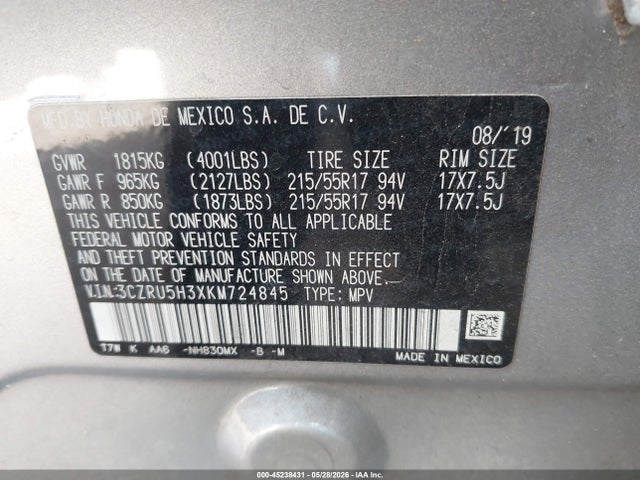 Aukcja sprzedaży 2019 Honda Hr-v Lx, vin: 3CZRU5H3XKM724845, numer aukcji: 45238431