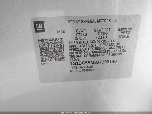 45238455 :رقم المزاد ، 1G1BC5SM8J7196140 vin ، 2018 Chevrolet Cruze Ls Auto مزاد بيع