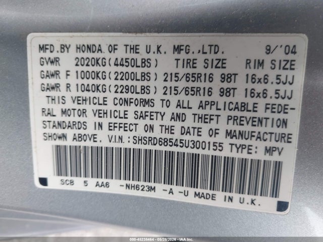 Продаж на аукціоні авто 2005 Honda Cr-v Lx, vin: SHSRD68545U300155, номер лоту: 45238464