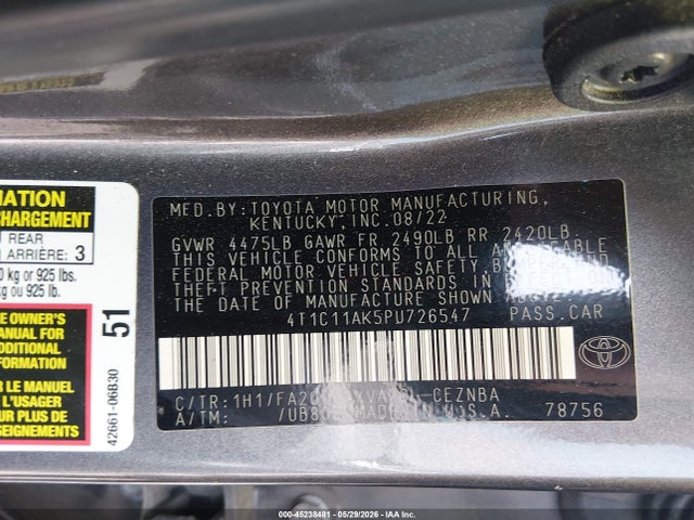 Продаж на аукціоні авто 2023 Toyota Camry Le, vin: 4T1C11AK5PU726547, номер лоту: 45238481