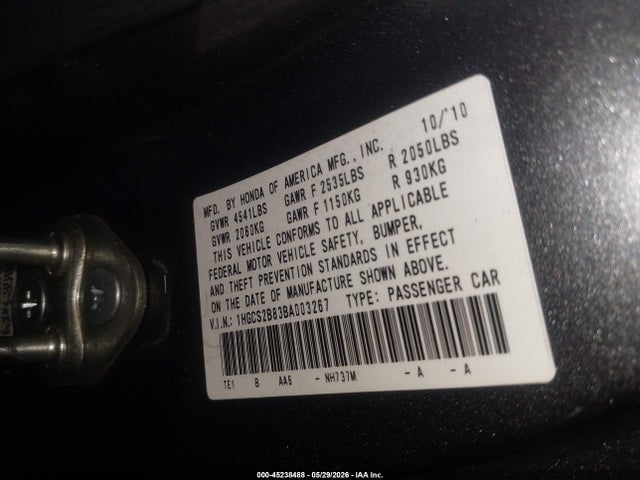 Продажа на аукционе авто 2011 Honda Accord 3.5 Ex-l, vin: 1HGCS2B83BA003267, номер лота: 45238488