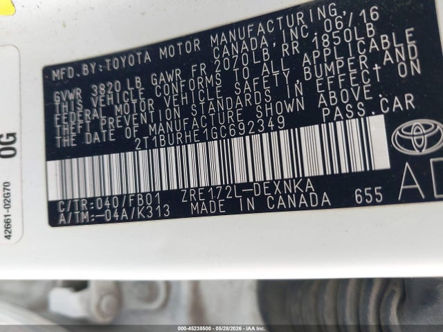 45238500 :رقم المزاد ، 2T1BURHE1GC692349 vin ، 2016 Toyota Corolla Le مزاد بيع