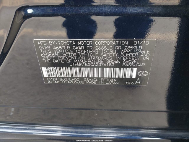 Продажа на аукционе авто 2010 Lexus Es 350, vin: JTHBK1EG0A2376183, номер лота: 45238502