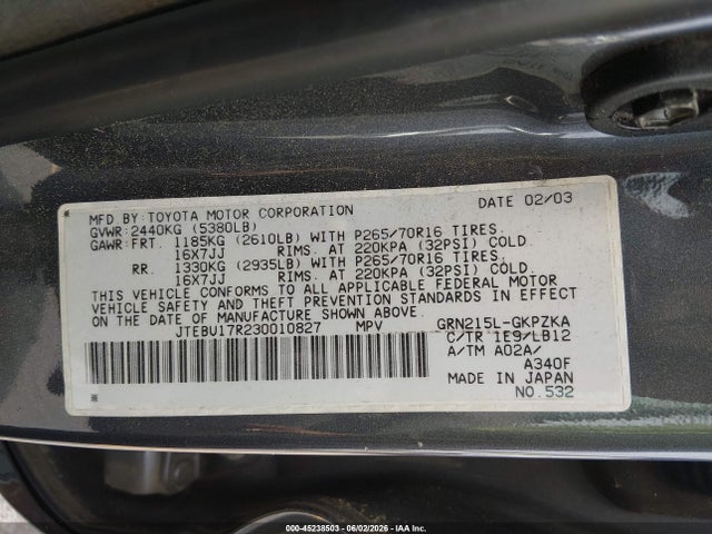 Продажа на аукционе авто 2003 Toyota 4runner Limited V6, vin: JTEBU17R230010827, номер лота: 45238503