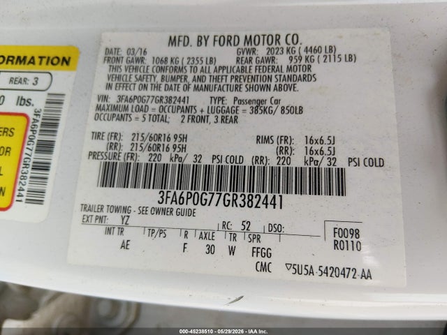Aukcja sprzedaży 2016 Ford Fusion S, vin: 3FA6P0G77GR382441, numer aukcji: 45238510