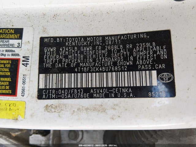Продажа на аукционе авто 2011 Toyota Camry Le, vin: 4T1BF3EK4BU768512, номер лота: 45238512