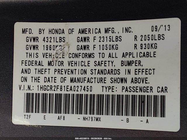 Honda Accord Ex-l 2014 1HGCR2F81EA027450 Image 9