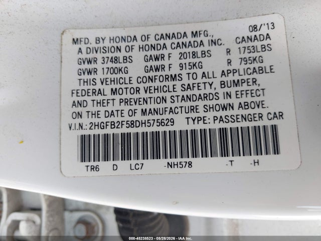 Aukcja sprzedaży 2013 Honda Civic Lx, vin: 2HGFB2F58DH575629, numer aukcji: 45238523