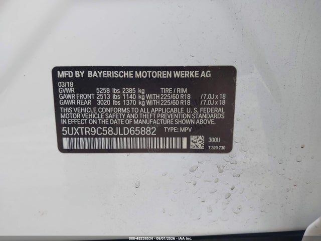 2018 Bmw X3 Xdrive30i მანქანა იყიდება აუქციონზე, vin: 5UXTR9C58JLD65882, აუქციონის ნომერი: 45238534