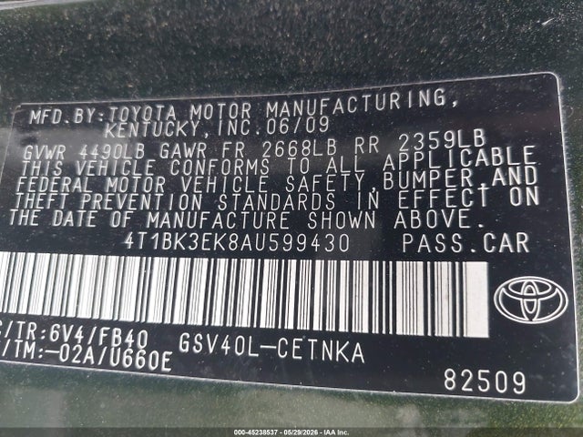 2010 Toyota Camry Le V6 მანქანა იყიდება აუქციონზე, vin: 4T1BK3EK8AU599430, აუქციონის ნომერი: 45238537