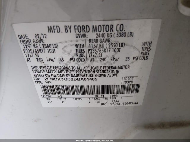 45238546 :رقم المزاد ، 2FMDK3GC2DBA01485 vin ، 2013 Ford Edge Se مزاد بيع