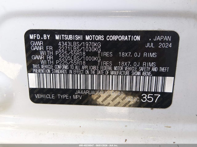 45238547 :رقم المزاد ، JA4ARUAU5RU018240 vin ، 2024 Mitsubishi Outlander Sport 2.0 Es Awc/2.0 Le Awc/2.0 Ralliart Awc/2.0 S Awc/2.0 Se Awc/2.0 Trail Edition Awc مزاد بيع