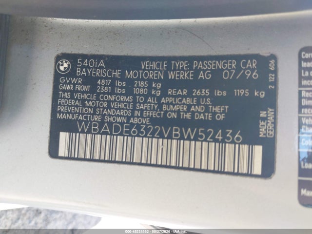 1997 Bmw 540ia მანქანა იყიდება აუქციონზე, vin: WBADE6322VBW52436, აუქციონის ნომერი: 45238552