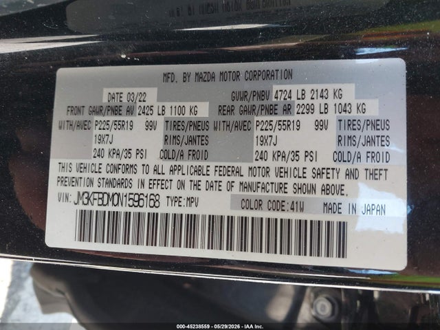Продаж на аукціоні авто 2022 Mazda Cx-5 2.5 S Premium, vin: JM3KFBDM0N1596168, номер лоту: 45238559