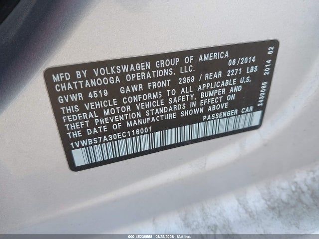 Aukcja sprzedaży 2014 Volkswagen Passat 1.8t Se, vin: 1VWBS7A30EC116001, numer aukcji: 45238568