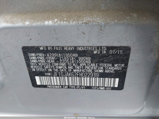 45238578 :رقم المزاد ، JF1GJAK62FH022939 vin ، 2015 Subaru Impreza 2.0i Premium مزاد بيع