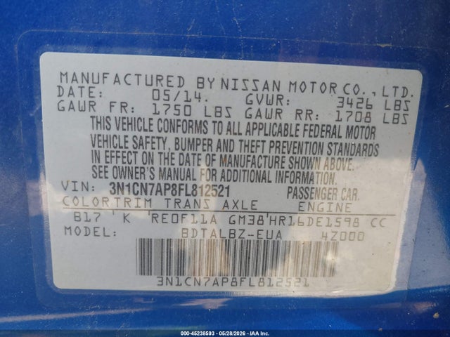 45238593 :رقم المزاد ، 3N1CN7AP8FL812521 vin ، 2015 Nissan Versa 1.6 S/1.6 S+/1.6 Sl/1.6 Sv مزاد بيع