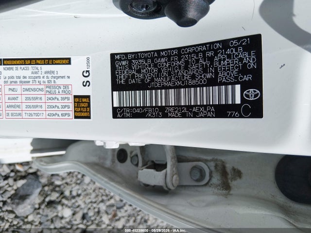 45238600 :رقم المزاد ، JTDEPMAEXMJ188500 vin ، 2021 Toyota Corolla Le مزاد بيع
