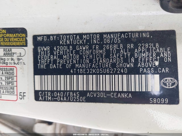Продажа на аукционе авто 2005 Toyota Camry Le, vin: 4T1BE32K05U627240, номер лота: 45238619
