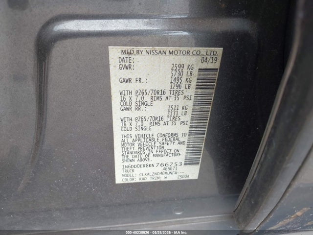 2019 Nissan Frontier Sv მანქანა იყიდება აუქციონზე, vin: 1N6DD0ER8KN766753, აუქციონის ნომერი: 45238626