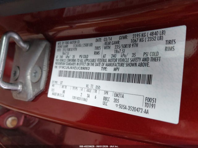 Aukcja sprzedaży 2014 Ford Escape Titanium, vin: 1FMCU9J9XEUC89063, numer aukcji: 45238629
