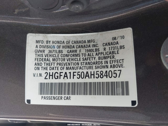 45238630 :رقم المزاد ، 2HGFA1F50AH584057 vin ، 2010 Honda Civic Lx مزاد بيع