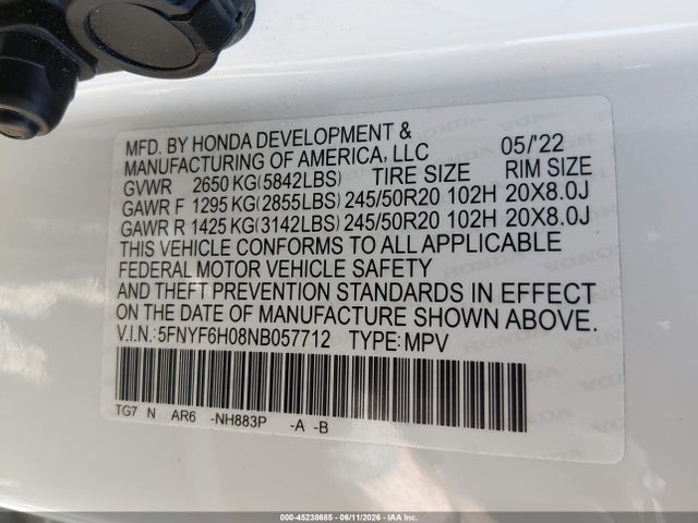 Honda Pilot Awd Elite 2022 5FNYF6H08NB057712 Image 9