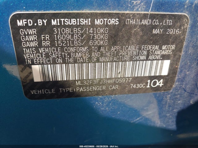 Продаж на аукціоні авто 2017 Mitsubishi Mirage G4 Es, vin: ML32F3FJ3HHF05977, номер лоту: 45238688