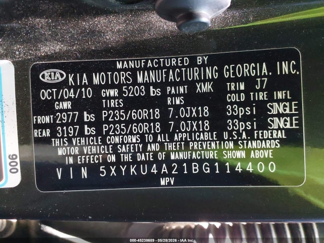 45238689 :رقم المزاد ، 5XYKU4A21BG114400 vin ، 2011 Kia Sorento Ex V6 مزاد بيع