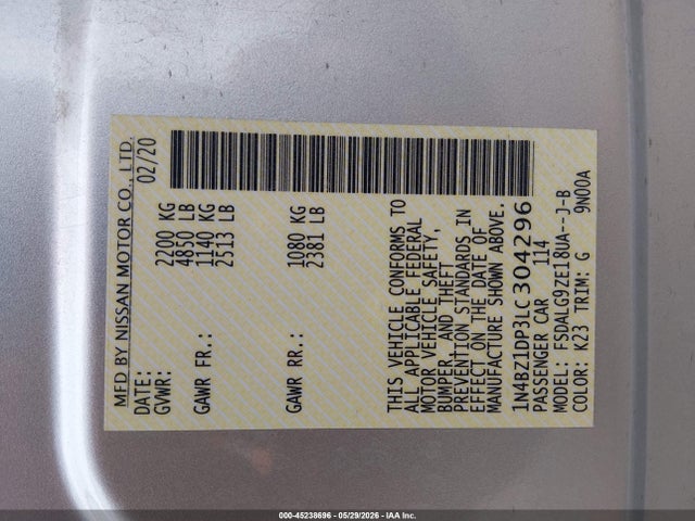 Auction sale of the 2020 Nissan Leaf Sl Plus 62 Kwh, vin: 1N4BZ1DP3LC304296, lot number: 45238696