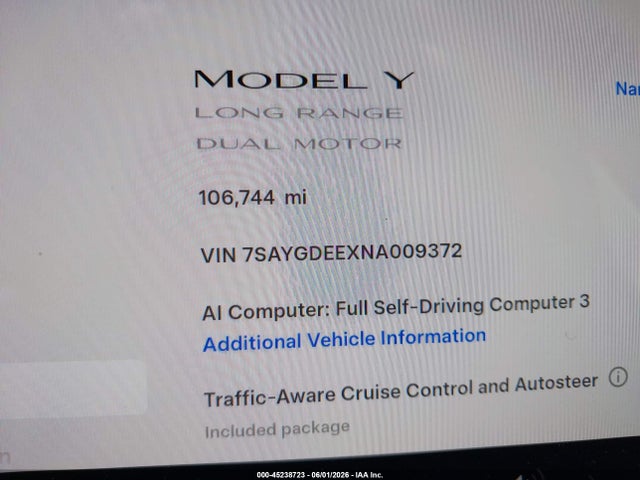 Aukcja sprzedaży 2022 Tesla Model Y Long Range Dual Motor All-wheel Drive, vin: 7SAYGDEEXNA009372, numer aukcji: 45238723