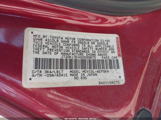 1995 Toyota Camry Xle მანქანა იყიდება აუქციონზე, vin: JT2GK13E4S0099875, აუქციონის ნომერი: 45238754