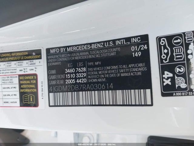 45238760 :رقم المزاد ، 4JGDM2DB7RA030614 vin ، 2024 Mercedes-benz Eqs 450 Suv مزاد بيع