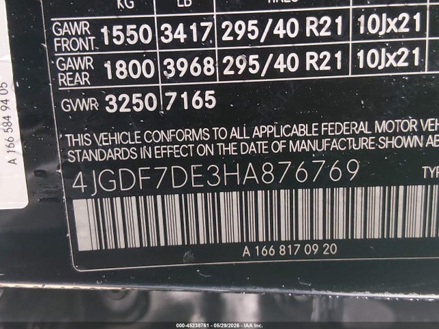 45238761 :رقم المزاد ، 4JGDF7DE3HA876769 vin ، 2017 Mercedes-benz Gls 550 4matic مزاد بيع
