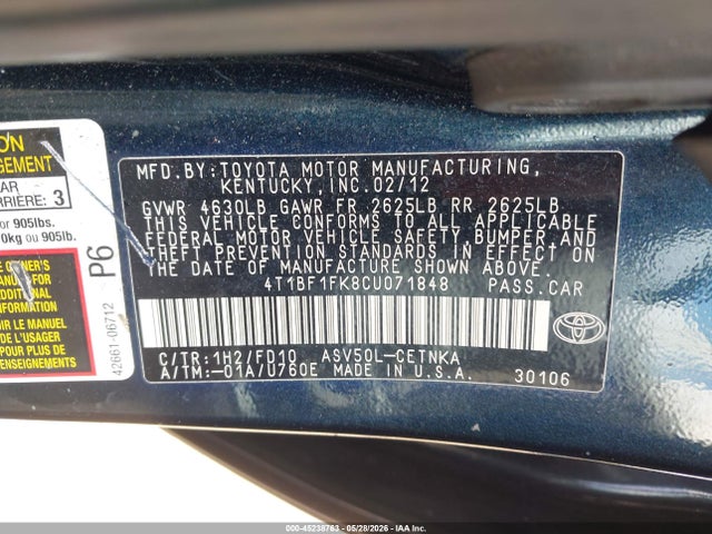 Продаж на аукціоні авто 2012 Toyota Camry Le, vin: 4T1BF1FK8CU071848, номер лоту: 45238763