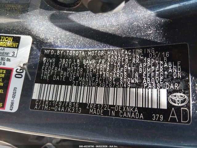 Продажа на аукционе авто 2016 Toyota Corolla Le, vin: 2T1BURHE3GC675049, номер лота: 45238790