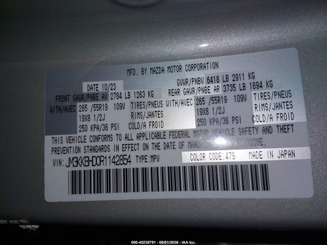 Aukcja sprzedaży 2024 Mazda Cx-90 3.3 Turbo Preferred, vin: JM3KKBHD0R1142854, numer aukcji: 45238791