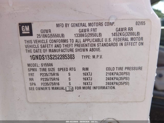 Продажа на аукционе авто 2005 Chevrolet Trailblazer Ls, vin: 1GNDS13S252285303, номер лота: 45238808