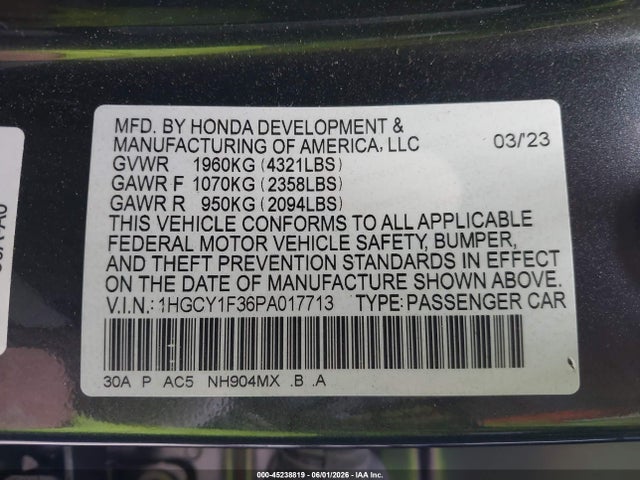 Aukcja sprzedaży 2023 Honda Accord Ex, vin: 1HGCY1F36PA017713, numer aukcji: 45238819