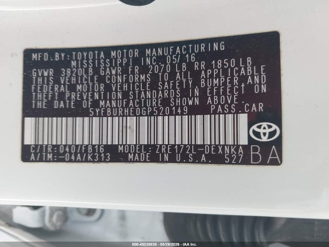 2016 Toyota Corolla Le მანქანა იყიდება აუქციონზე, vin: 5YFBURHE0GP520149, აუქციონის ნომერი: 45238830