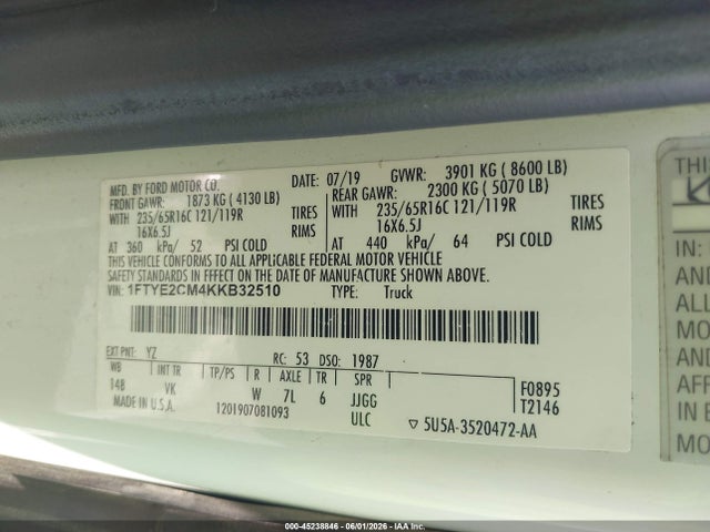 2019 Ford Transit-150 მანქანა იყიდება აუქციონზე, vin: 1FTYE2CM4KKB32510, აუქციონის ნომერი: 45238846