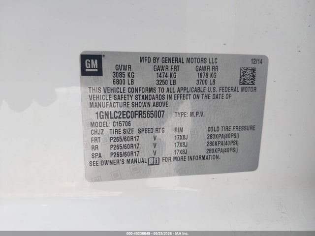 Aukcja sprzedaży 2015 Chevrolet Tahoe Commercial Fleet, vin: 1GNLC2EC0FR565007, numer aukcji: 45238849