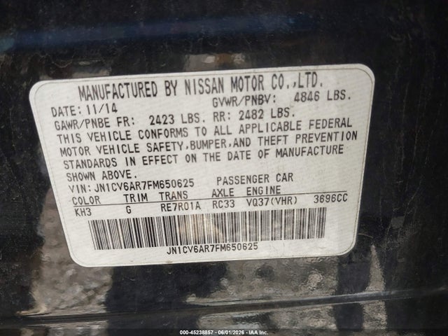 45238857 :رقم المزاد ، JN1CV6AR7FM650625 vin ، 2015 Infiniti Q40 مزاد بيع
