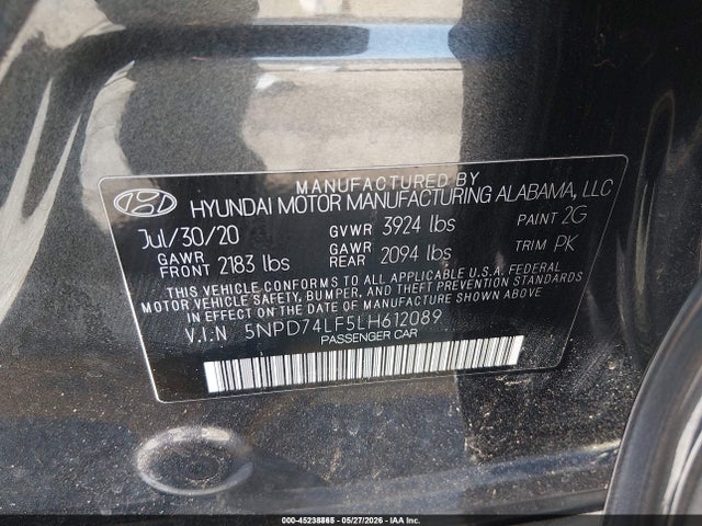 2020 Hyundai Elantra Se მანქანა იყიდება აუქციონზე, vin: 5NPD74LF5LH612089, აუქციონის ნომერი: 45238865