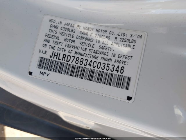 Auction sale of the 2004 Honda Cr-v Ex, vin: JHLRD78834C035346, lot number: 45238866